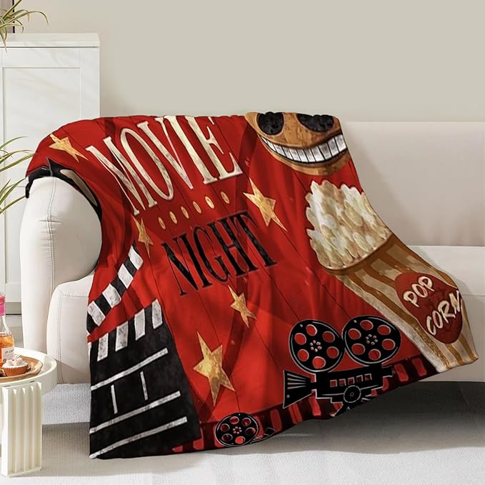 Movie Theater Theme Blanket Gifts for Women Girls Boys Men Cinema Clapboard Film Popcorn Print Presents for Kids Adults Teen Birthday Christmas Decor Home Couch Sofa Soft Cozy Flannel Throw 60"x50"