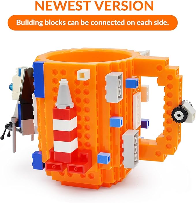Build-on Brick Coffee Mug Funny DIY Novelty Cup with Building Blocks Creative Gift for Kids Men Women Birthday (Orange)