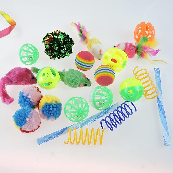 FuninCrea 24 PCS Cat Toys Kitten Toys Assortments, Cat Tunnels for Indoor Cats Variety Cat Toy Pack Fluffy Mouse, Spring Cat Toys, Crinkle Balls Cat Toys for Indoor Cats Kitten