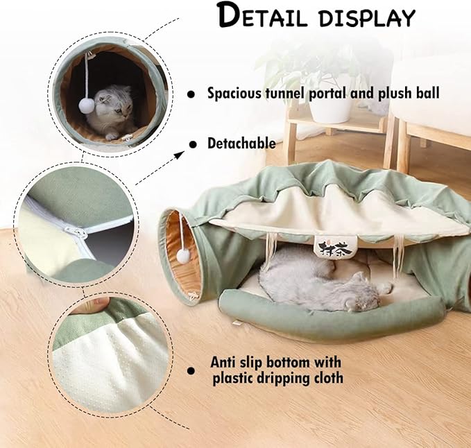 2-in-1 Collapsible Cat Tunnel for Indoor Cat Bed and Hideout for Pet Dog Rabbit Bunny Ferret Tunnel Tubes Toys with Removable Washable Mat, Cat Tower Wheel Stuff