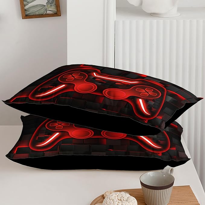 Axolotl Gamepad Comforter Set Twin Size,Red Grid Print Bedding Set,Boys Gaming Console Comforter Set,Video Gaming Controller Bedding Set for Teens Men Adults,1 Quilt 2 Pillowcases,Red Black