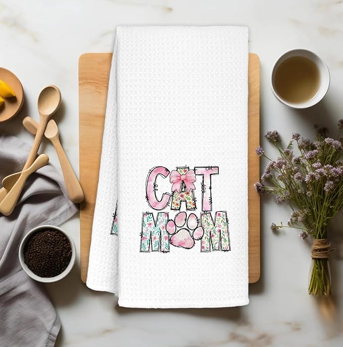 Cat Mom Kitchen Towels Decorative, Cat Mom Lady Lovers Gifts for Women Dish Towels, Pet Lover Gifts Hand Towels Drying Cloth for Kitchen Bathroom Decor, 16x24 Inch