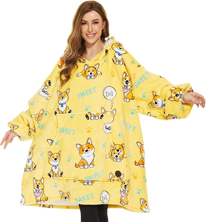 THREE POODLE Wearable Blanket Hoodie for Women, Oversized Sherpa Sweatshirt Blanket for Adults Men, Warm Cozy Corgi Hooded Blanket, Gifts for Mom Girlfriend Sister