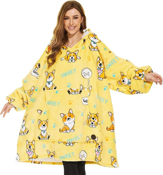 THREE POODLE Wearable Blanket Hoodie for Women, Oversized Sherpa Sweatshirt Blanket for Adults Men, Warm Cozy Corgi Hooded Blanket, Gifts for Mom Girlfriend Sister