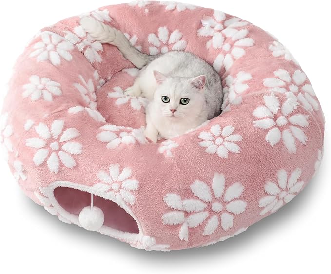 Cat Tunnel for Indoor Cats, Cute Peekaboo Cat Cave Play Tunnel with Dangling Balls, Pet Donut Tunnel Bed with Circle Mat for Cat Puppy Kitten Rabbit, Pink