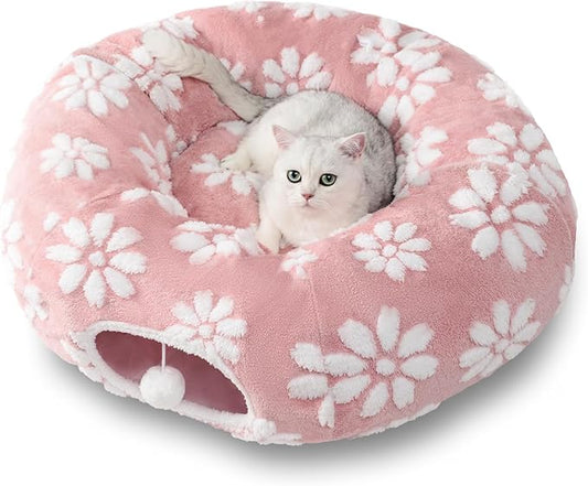 Cat Tunnel for Indoor Cats, Cute Peekaboo Cat Cave Play Tunnel with Dangling Balls, Pet Donut Tunnel Bed with Circle Mat for Cat Puppy Kitten Rabbit, Pink