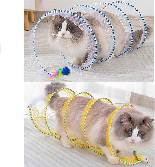 Cat Tunnel for Indoor Cats Folded Cat Tunnel Spring S-Shape Pet Entertainment Toy for Puppy, Kitty, Kitten, Rabbit (Blue+Yellow)