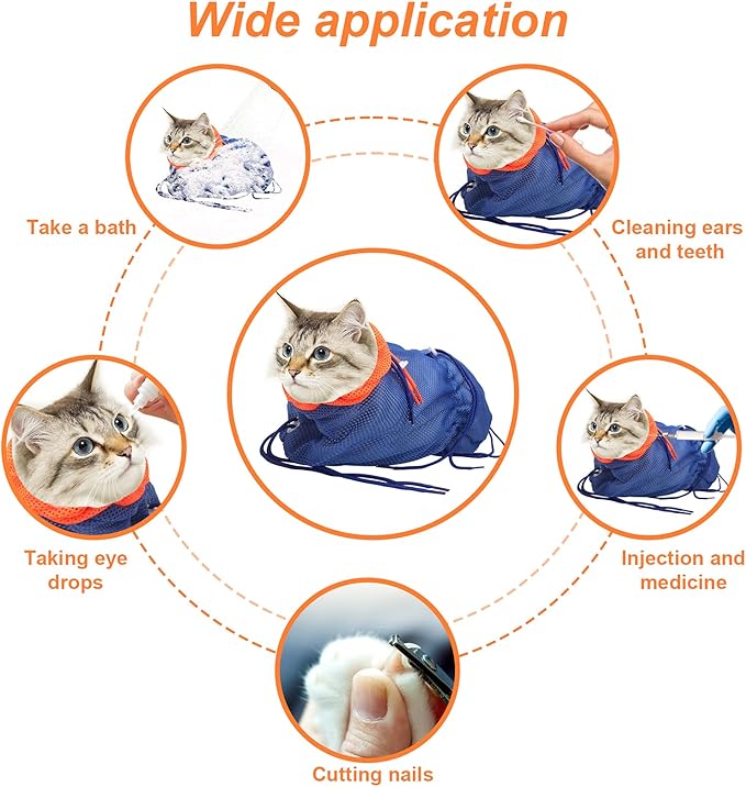 Cat Bathing Bag, Breathable Mesh Anti Scratch Adjustable Cat Grooming Bag for Nail Trimming, Bathing Polyester Soft Cat Washing Bag (Blue-Orange)