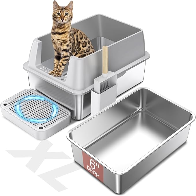 2 Pack Stainless Steel Cat Litter Box with 1Pack Lid, XL Extra Large Litter Box for Big Cats, Metal Litter Box with High Sided Enclosure & Scoop, Anti-Leakage, Non-Sticky, Easy Cleaning