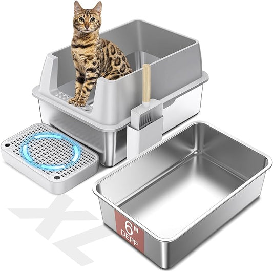 2 Pack Stainless Steel Cat Litter Box with 1Pack Lid, XL Extra Large Litter Box for Big Cats, Metal Litter Box with High Sided Enclosure & Scoop, Anti-Leakage, Non-Sticky, Easy Cleaning