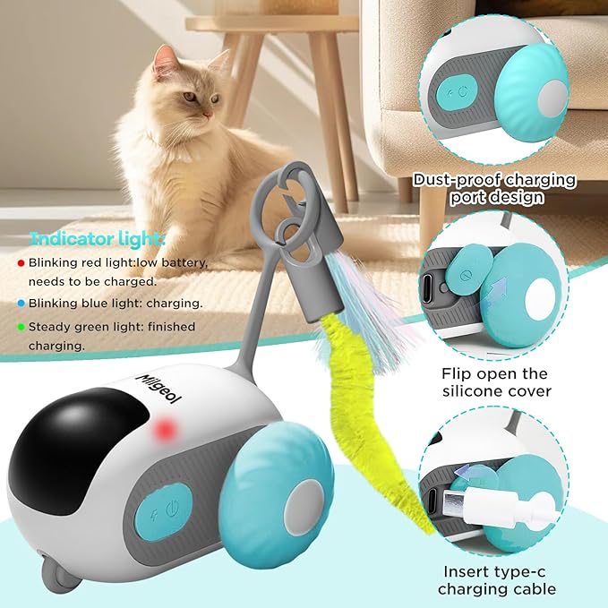 Turbo Tail 3.0, Teazys Cat Toy Turbo Tail, Smart Remote Control Electric Interactive Cats Toy, Type-C Rechargeable Turbo Tail Mouse Cat Toy with Feathers (2pcs Blue)