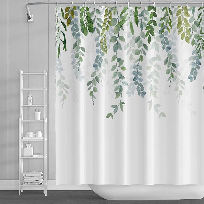 AWERT Plant Shower Curtain for Bathroom Sage Green Eucalyptus Waterproof Quick-Drying Green Leaves Shower Curtain Set with Hooks 72x84 Inch