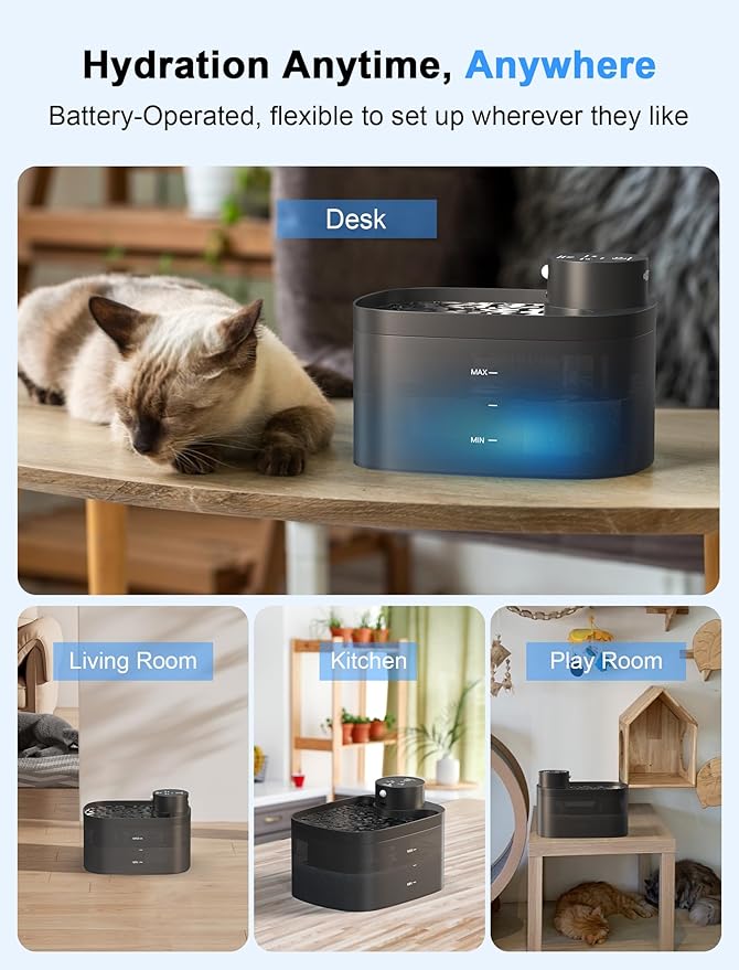 Battery Operated Cat Water Fountain, 84OZ/2.5L Wireless Pet Water Fountain for Cats Indoor, Cat Fountain with Motion Sensor, Ultra Quiet Pump, Black (Black)