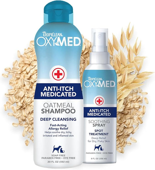 TropiClean Oxymed Cat & Dog Medicated Shampoo for Itchy Skin and Oxymed Medicated Itch Relief Spray Set, Skin Soothing Oatmeal Shampoo for Dogs & Cats | Set of 2