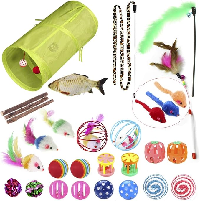 SunGrow Ferret & Cat Tunnel and Assorted Activity Variety Pack, Interactive Kitten & Ferret Accessories, for Indoors, Teaser Wand, Crinkle Balls, Bell Set, etc. (Assorted Toys, 30 Pieces)
