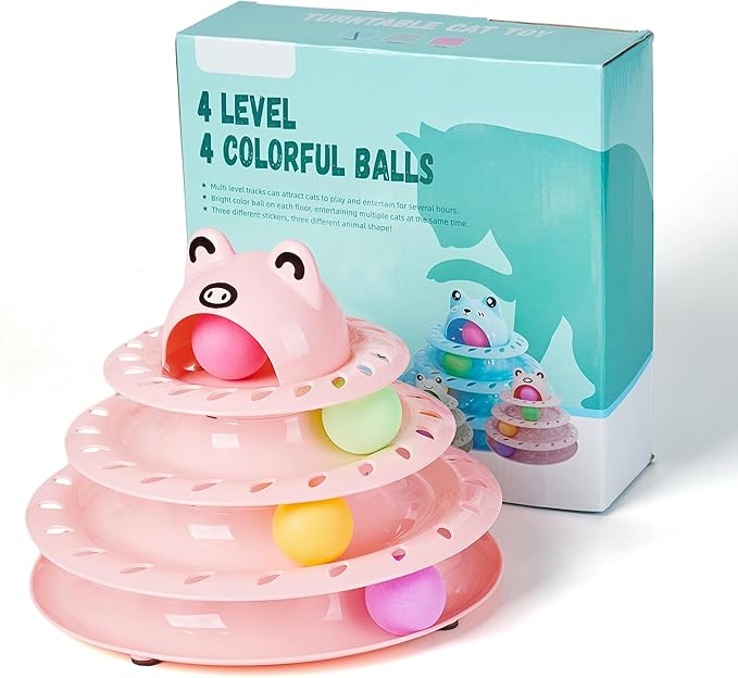 Suhaco Cat Toys Interactive for Indoor Cats Kitten Toy Fun Roller 4 Level Cat Teaser Ball Toys with 4 Colorful Balls Kitten Puzzle Toys for Boredom (Pink)