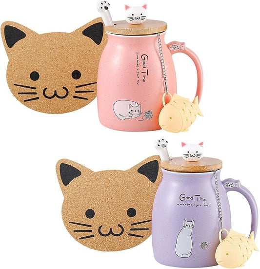 BigNoseDeer 2Pcs Kawaii Cat Mug Cute Tea Cup with Infuser Ceramic Coffee Mugs Cute Cool Preppy Stuff Gifts for Women Cat Gifts for Cat lovers13oz…