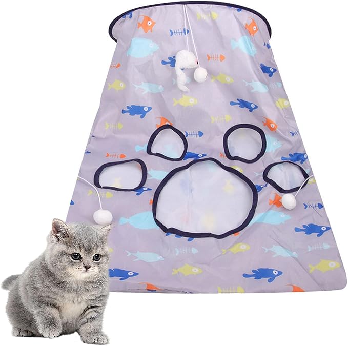 Cat Tunnel Bag Kitty Collapsible Tunnel Toy Crinkle Sack Bag Pet Interactive Cat Cave Toy with 1 Little Mouse & 3 Toy Ball Grey M