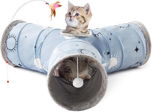 Tempcore Pet Cat Tunnel Tube Cat Toys 3 Way Collapsible, Cat Tunnels for Indoor Cats Fleece-Lined in for Warmth，Kitty Tunnel Bored Cat Pet Toys Peek Hole Toy Ball Cat, Puppy, Kitten, Rabbit Blue Sun