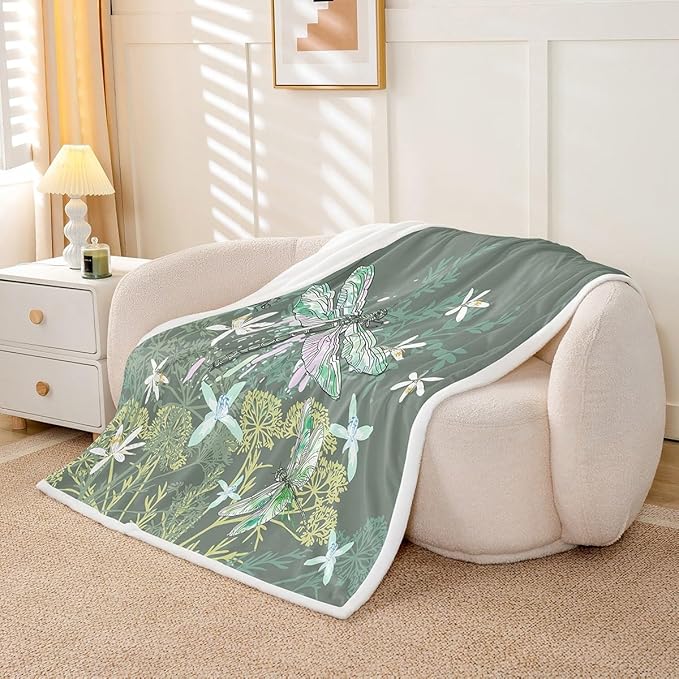 Feelyou Dragonfly Sherpa Blanket Twin 60x80 Inches Botanical Floral Fleece Throw Blanket for Kids Girls Teens Women Bedroom Decor Nature Animals Branches for Sofa Bed Couch Vintage Green