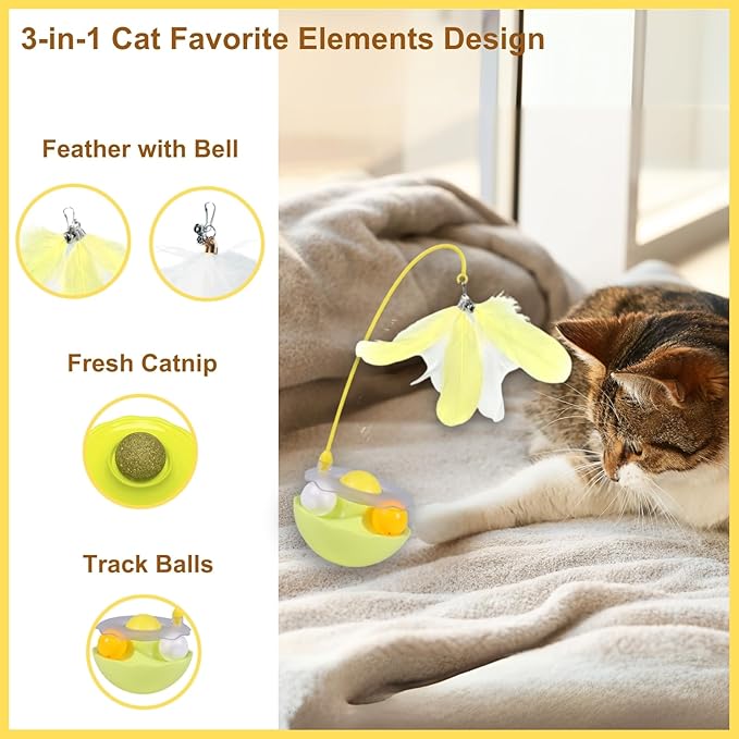 Interactive Cat Feather Toys, Catnip, Track Balls, Cat Teaser for Indoor Cats and Kittens Exercise (Yellow)