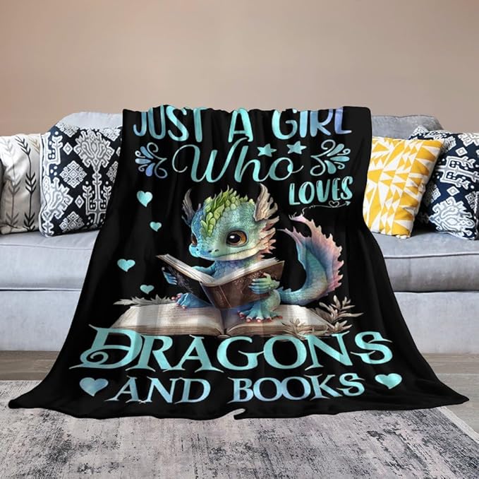 Just A Girl Who Love Dragons and Book Blanket Dragons Gifts for Girls Boys Woman Kids Read Lover Throw Blankets Soft Blanket Warm Fleece Flannel Plush Blankets for Bed Sofa Couch 60"x80"