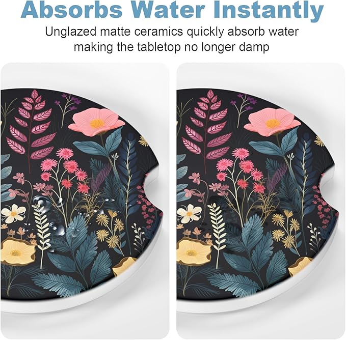 2 Pack Car Cup Holder Coasters, 2.63 Inch Anti Slip Ceramic Absorbent Coaster with Cork Base and Finger Notch, Cute Car Accessories Interior for Women