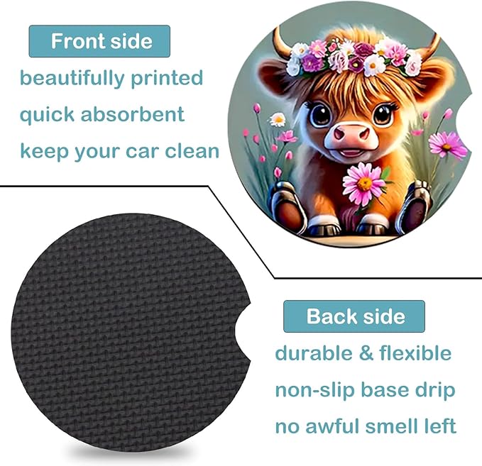 Car Coasters for Cup Holders,2 Pack Highland Cow Floral Car Coasters,2.75" Universal Size Anti Slip Rubber Mat,Automotive Cup Holder Gifts for Cow Lovers for Women,Men,Mom