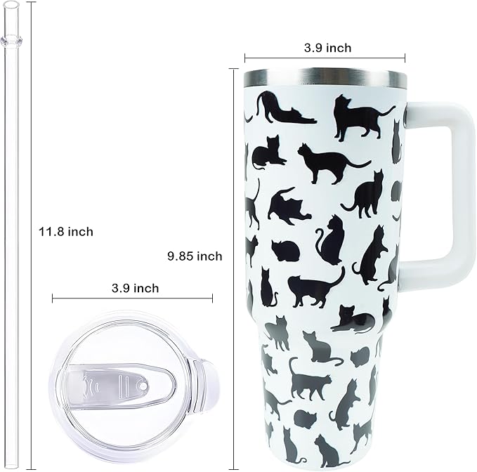 40 oz Tumbler with Handle and Straw, Stainless Steel Insulated Cup with Leak Proof Lid and Straw Lid, Keep Drinks Cold and Hot for Hours(Cat)