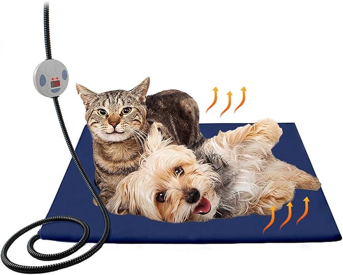 NAMSAN Heated Cat Bed, 7-Level Adjustable Temperature Rabbit Warming Mat, Outdoor/Indoor Dog Cage Heating Pad with Chew Resistant Cord, Blue