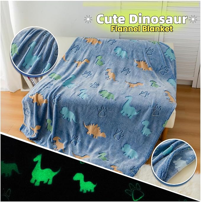 2025 Best Gift Dinosaur Blanket Glow in The Dark Blanket with Storage Bag, Soft Throw Blanket for Boys Girls, Christmas Birthday New Year Gift, Kids Blanket, Day Care Home Use, 50"x60" Blue