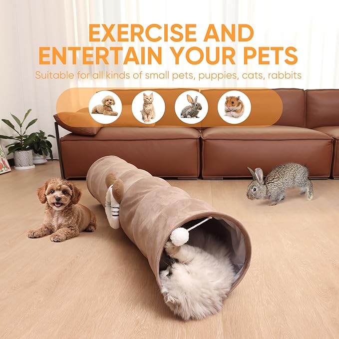 Collapsible Cat Tunnel 37.8in Straight Tube for Indoor Cats & Kittens Large Foldable Play Cave Toy with Hanging Ball & Peek Hole,Ideal for Rabbits, Ferrets, Puppies & Small Pets