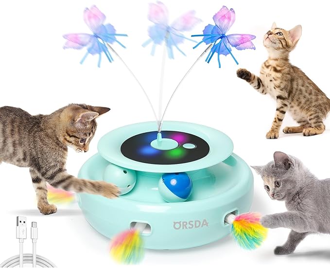 ORSDA Cat Toy, 3-in-1 Automatic Cat Toys for Indoor Cats, Electronic Whack a Mole, Fluttering Butterfly,Track Balls Kitten Toy, Rechargeable Power Interactive Feather Toys for All Breeds