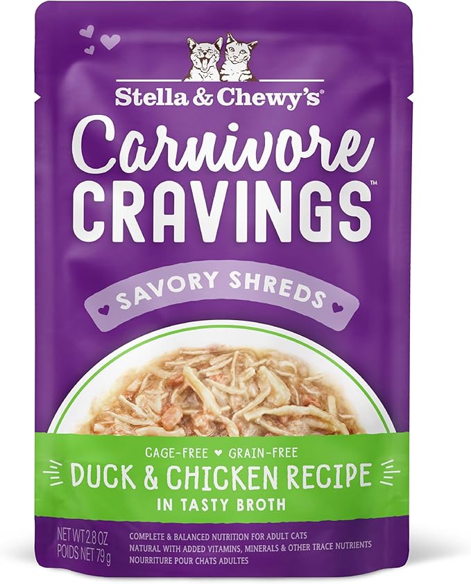 Stella & Chewy’s Carnivore Cravings Savory Shreds Wet Cat Food Pouches – Grain Free, Protein Rich Meal, Topper or Treat – Duck & Chicken Recipe (2.8 Ounce Pouches, Case of 12)