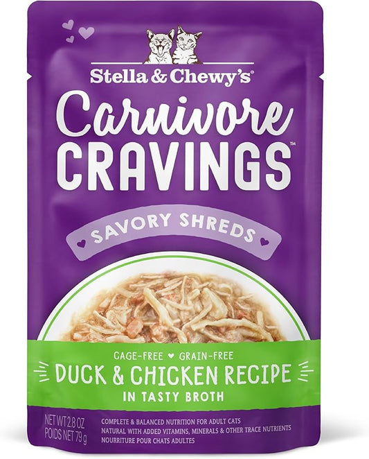 Stella & Chewy’s Carnivore Cravings Savory Shreds Wet Cat Food Pouches – Grain Free, Protein Rich Meal, Topper or Treat – Duck & Chicken Recipe (2.8 Ounce Pouches, Case of 12)