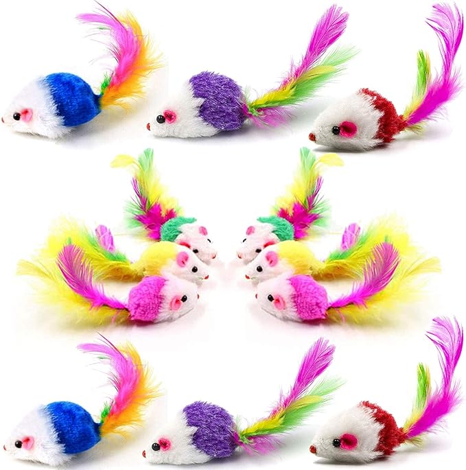 Cat Mice Toys for Indoor Cats 12PCS, 5 Color Variety Mouse Cat Toy Mice Cat Toy Mouse for Cats, Fur Mice Cat Toys Mice Cat Feather Toys with Rattle Sounds, Mixed Pack Cat Mouse Toy for Cats