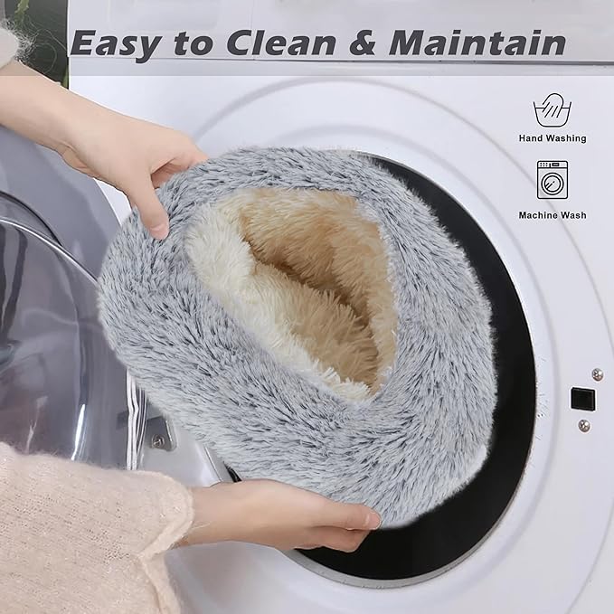 Deblue Soft Cat Beds for Indoor Cats, Round Fluffy Warm Cat Beds with Hooded Cover, Washable Calming Cozy Plush Pet Bed for Anxiety Cats and Puppies - Dia 20"