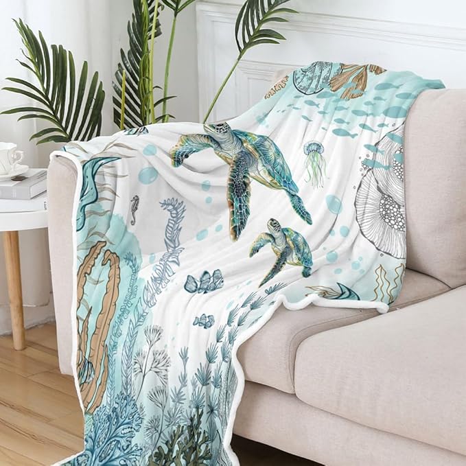 Turtle Blanket Funny Seashell Coral Beach Themed Throw Blankets, Farmhouse Sea Ocean Lightweight Soft Fleece Cozy Fleece Throw Blanket All Season Cozy Soft Lightweight Couch Sofa Bed Bedding