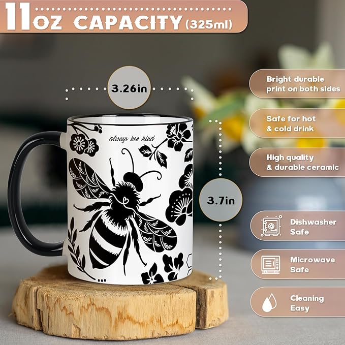 Bee Cups 11Oz Bee Gifts for Women Black and White Boho Coffee Mug Bumble Bees Gifts Cute Coffee Mug for Women Microwave & Dishwasher Safe
