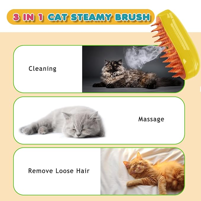 3 In 1 Steam Pet Brush - Self-Cleaning Steamer for Cat Massage, Removing Tangles, Loose Hair, and Spray Grooming (Yellow)