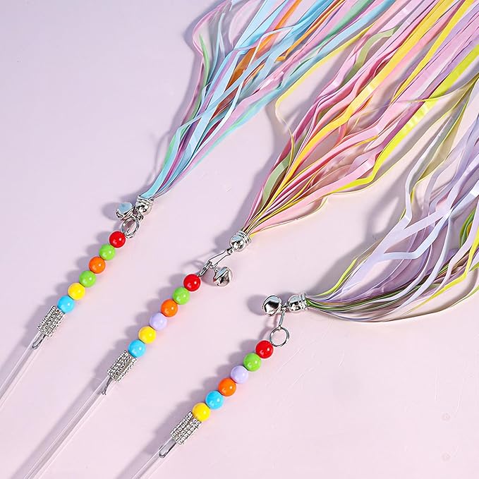 Cat Wands, 3 PCS Interactive Cat Toys with Rainbow Tassel and Bell Handcrafted Cat Tinsel Wand for Indoor Cats Kitten Play Chase Exercise