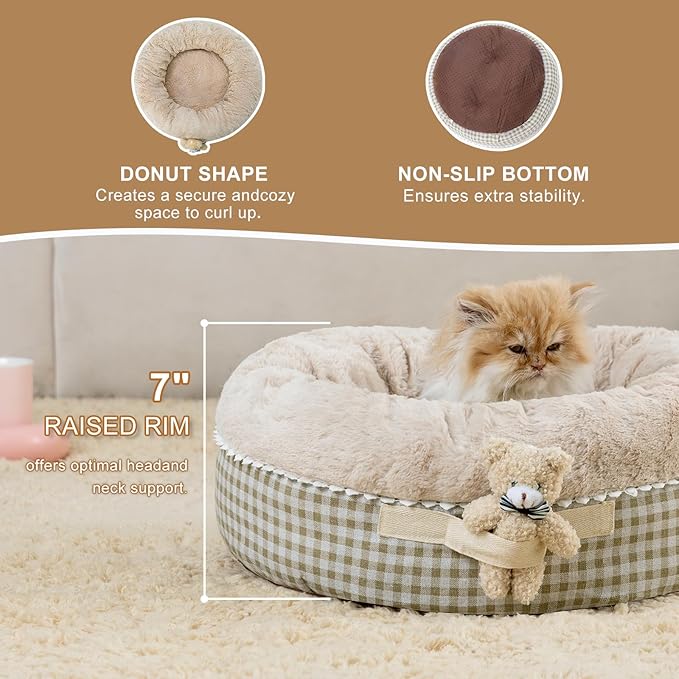 Jiupety Teddy Donut Bed for Indoor Cats, Washable & Warm Small Dog Bed, Cute Fluffy Round Kitten Bed, Suitable for Cat and Puppy, Anti-Slip Calming Princess Kitty Bed, Camel, 20"×20", Fit 12lbs