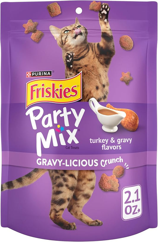 Purina Friskies Cat Treats, Party Mix Gravy-licious Crunch Turkey and Gravy Flavors - (Pack of 10) 2.1 oz. Pouches
