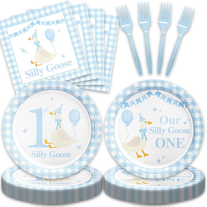 48Pcs One Silly Goose Birthday Decor Boy, Silly Goose 1st Happy Birthday Baby Shower Decorations with Blue Plates and Napkins Forks Set Party Supplies