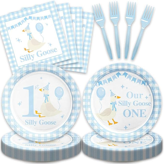 48Pcs One Silly Goose Birthday Decor Boy, Silly Goose 1st Happy Birthday Baby Shower Decorations with Blue Plates and Napkins Forks Set Party Supplies