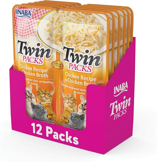 INABA Twin Packs for Cats, Shredded Chicken & Broth Gelée Side Dish/Topper Pouch, 1.4 Ounces per Serving, 12 Pouches, Chicken Recipe in Chicken Broth