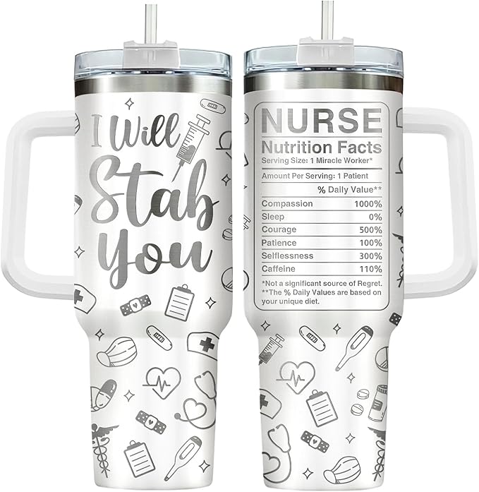 34HD Nurses Day Gifts, Engraved Nurse Tumbler with Handle and Straw 40oz, I Will Stab You Nurse Travel Cup, Funny Gifts for Healthcare Staff Coworkers Student