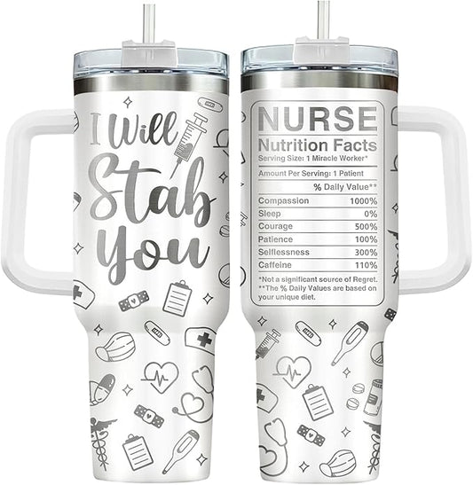 34HD Nurses Day Gifts, Engraved Nurse Tumbler with Handle and Straw 40oz, I Will Stab You Nurse Travel Cup, Funny Gifts for Healthcare Staff Coworkers Student
