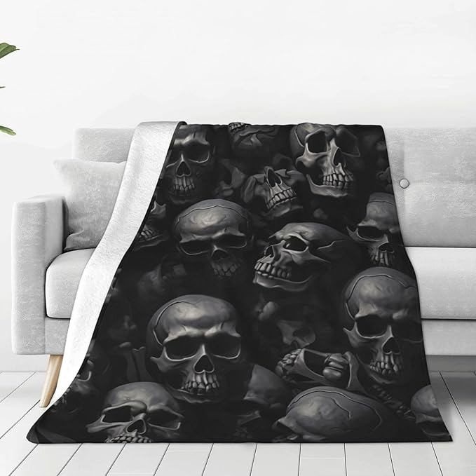 Black Horror Skull Fuzzy Sofa Throw Blanket Flannel Super Soft Warm Fleece Bedspread Home Decor for Bed Couch Living Room All Season 80"X60"