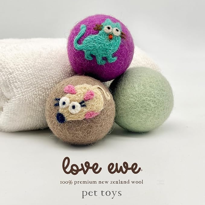 Hustle & Blush Wool Felt Balls 3 Pack Love Ewe Pet Supplies - 2in Felted Wool Cat Toys 100% New Zealand Wool Felt Cat Toys Handmade Wool Felt Balls, Colorful Wool Balls for Cats - Cat and Mouse